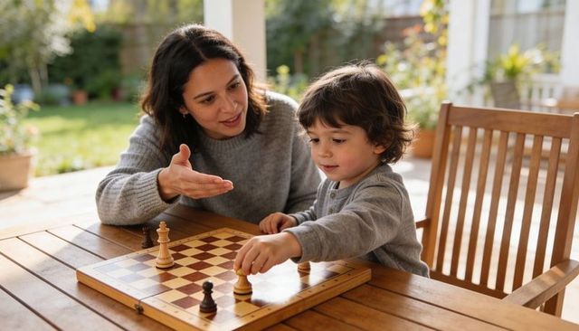 Mother teaching young son chess on sunlit patio using wooden chessboard for learning