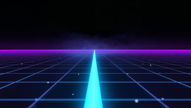Neon cyan beam racing toward magenta horizon across retro grid with purple mist