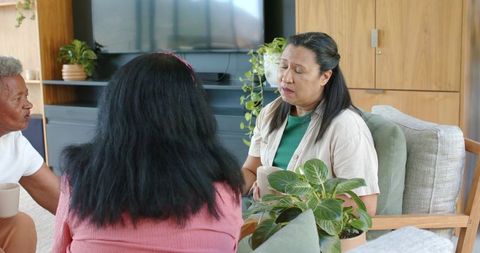 Women sharing emotional conversation in cozy living room support group with houseplants