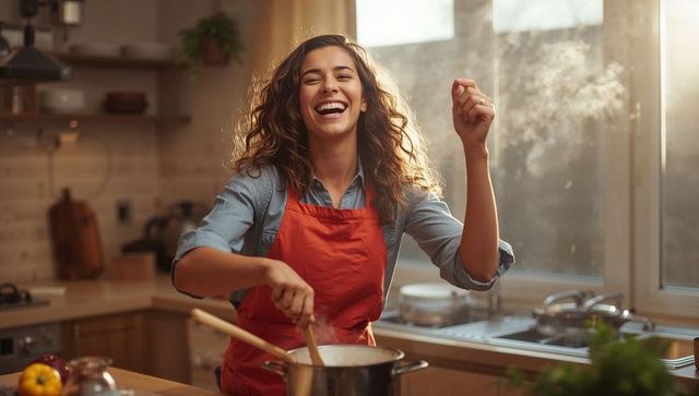 Joyful woman cooking in sunlit kitchen, wearing red apron