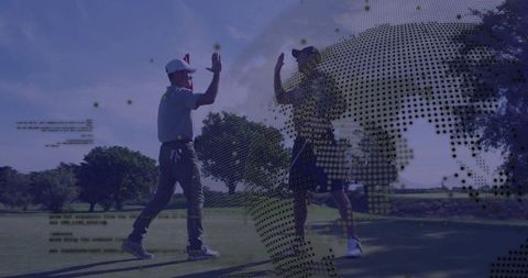 Two Male Golfers High-Fiving on Golf Course with Globe Overlay