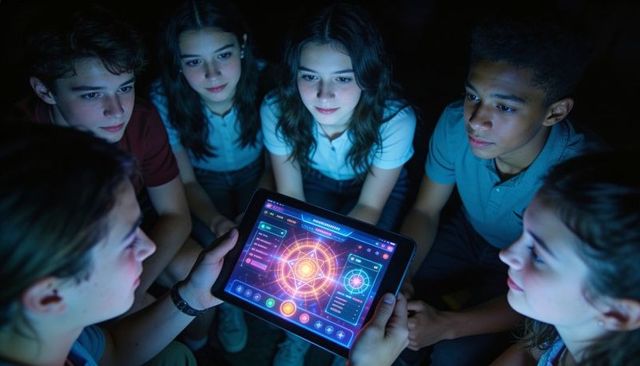 Teenagers gathering around tablet showing glowing sci-fi interface, sharing ideas