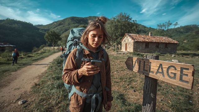 Solo female backpacker checking phone on rural trail near village sign and cottage