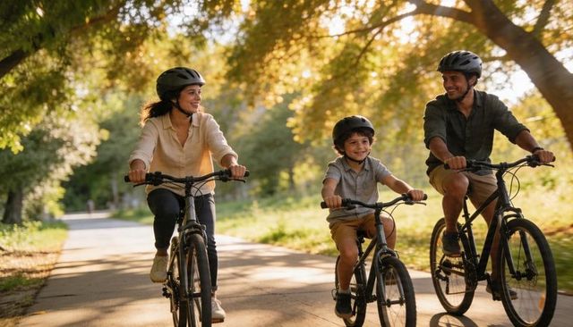 Family riding bikes on sunlit park trail at golden hour, parents and child cycling