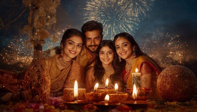Family celebrating festival of lights on rooftop with fireworks