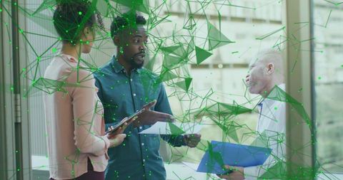 Colleagues Collaborating in Office Setting with Digital Network Overlay