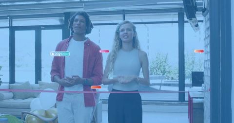 Co-hosts cutting ribbon at modern lounge opening, daytime celebration and presentation