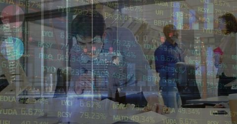 Financial Analyst Working in Office with Stock Market Data Overlay