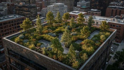 Modern rooftop garden on charlotte urban building at sunset