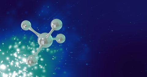 Molecular Model with Light Trails on Blue Background