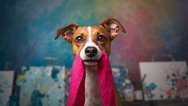 Playful dog holding pink cloth in vibrant art studio setting