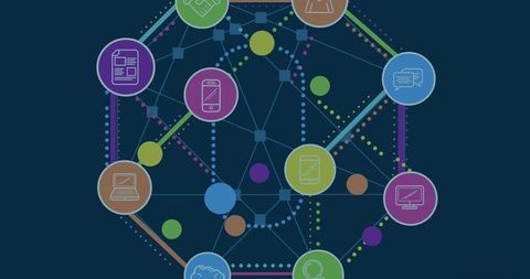 Network of digital icons representing technology and communication