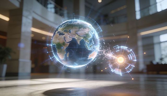 Holographic earth rotating over marble floor in futuristic atrium emitting digital sparks