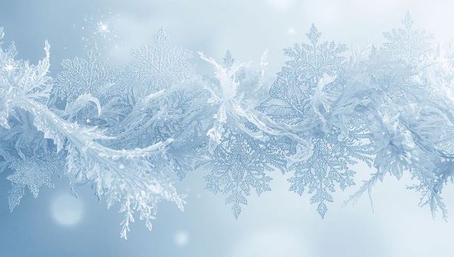 Delicate frosty filigree garland with crystal snowflakes on icy pale blue bokeh background