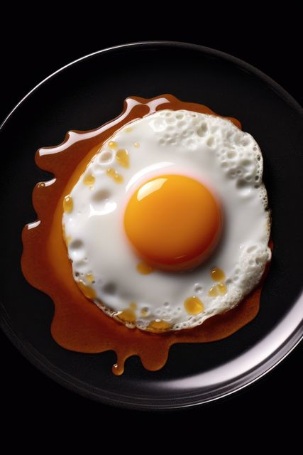 Image capturing a perfectly cooked sunny-side up egg with a vibrant yolk, drizzled with sauce on a black plate; ideal for food blogs, breakfast menu design, culinary magazines, nutrition articles, and social media featuring appetizing meals.