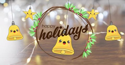 Kawaii holiday bells with brushstroke wreath and happy holidays script on bokeh background