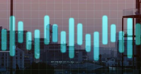 Futuristic cyan data waveform projecting over urban skyline through glass at dusk