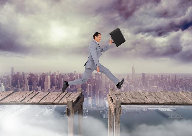 Businessman in a suit leaping between wooden platforms high above cityscape with cloudy sky, holding briefcase symbolizing business challenges and determination. Perfect for representing corporate risk-taking, problem-solving mindset, business innovation, and motivation.