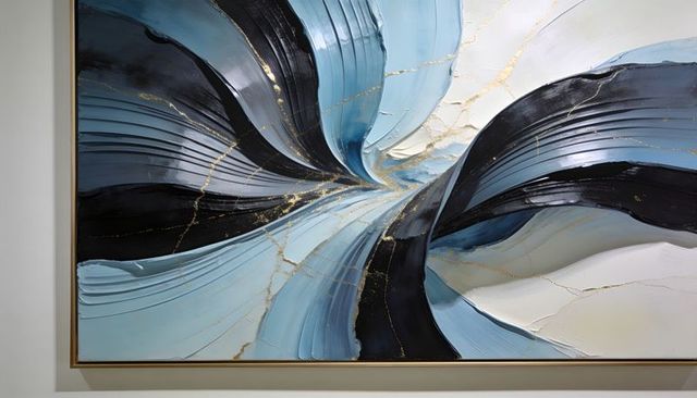 Swirling blue and navy impasto with gold veins, framed contemporary abstract canvas detail