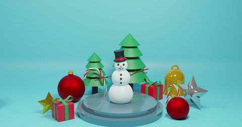 Festive Snowman Display Amid Christmas Trees and Gifts