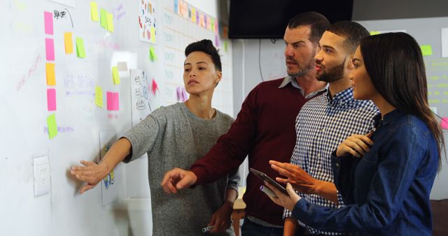 Group Collaborating in Office, Analyzing Sticky Notes on Whiteboard - Download Free Stock Images Pikwizard.com