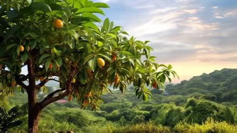 Serene Landscape with Mango Tree Overlooking Verdant Valley