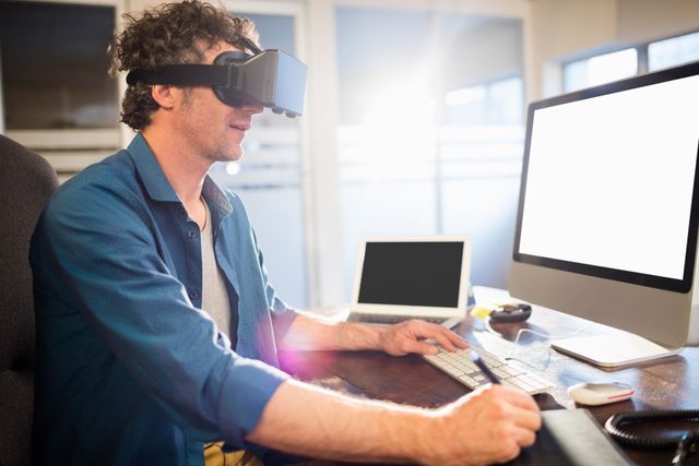 Businessman using virtual reality glasses while working at a desk in a modern office. Ideal for illustrating concepts of technology in the workplace, innovation, and the integration of VR in professional settings. Useful for business, technology, and future-of-work themes.