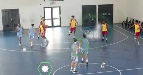 Basketball players driving to basket with augmented reality performance overlays