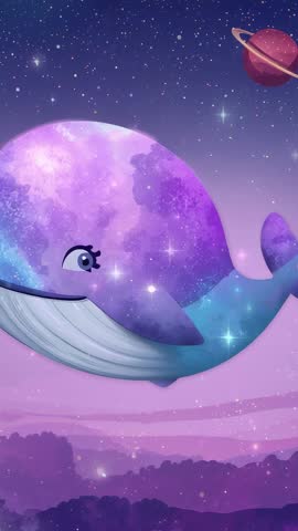Galaxy Whale Drifting Across Starry Sky with Blinking Eye and Ringed Planet, Vertical Video