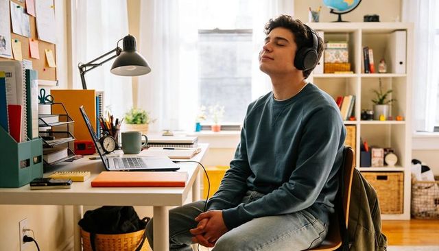 Teen relaxing with headphones while studying at cozy desk with laptop and natural light