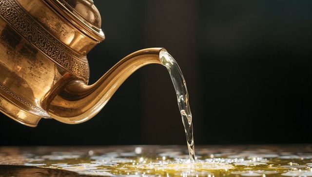 Pouring engraved brass teapot spout over flower petals, golden reflections, liquid flow