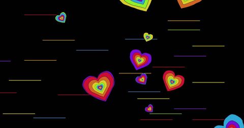 Rainbow hearts on black background celebrating lgbtq pride and equality