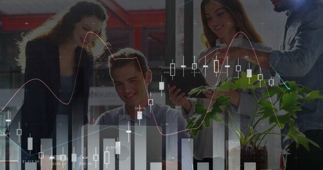 Image of finance data over group of diverse businesspeople working with technology in office. finance, economy, business, cooperation and technology concept digitally generated image.