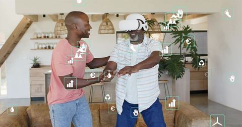 Caregiver guiding elder black man wearing vr headset in cozy living room with ar overlays