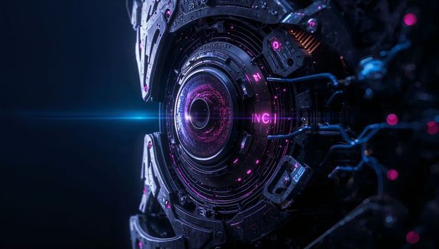 Glowing cybernetic lens pulsing magenta nodes inside futuristic ai core housing