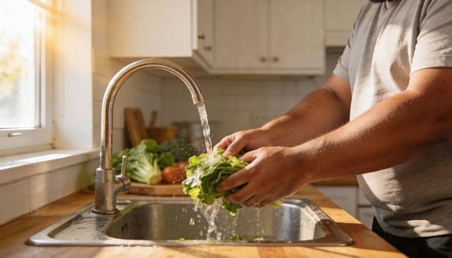 Man rinsing fresh lettuce under chrome faucet in sunlit wooden kitchen preparing salad