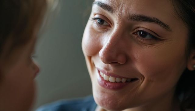 Smiling woman sharing warm eye contact with companion, closeup portrait, skin texture