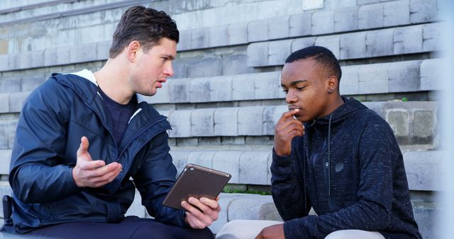 Coach mentoring athlete on tablet during outdoor training session on stone steps - Download Free Stock Images Pikwizard.com