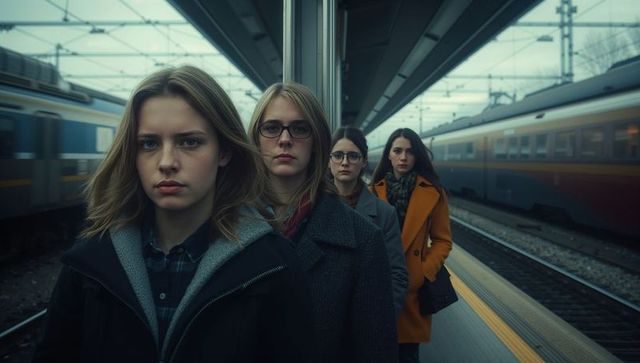 Women in winter coats on urban train platform, exploring city vibe