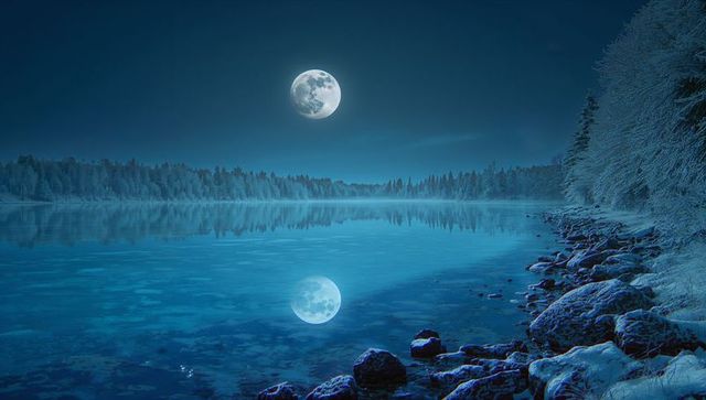 Full Moon Reflecting on Tranquil Winter Lake by Snow-Covered Forest