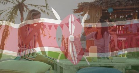 Tropical beach lounge cozy gathering by sunset