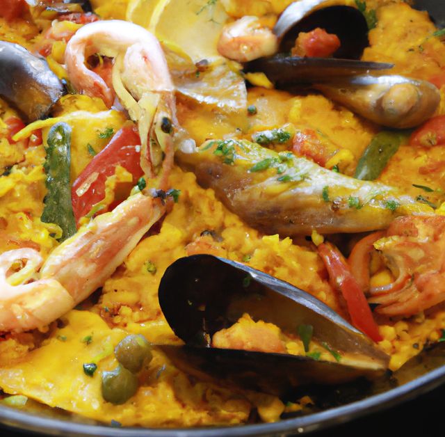 Close up of fresh paella created using generative ai technology. Food and traditional concept, digitally generated image.