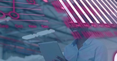 Businesswoman Holding Tablet Viewing Magenta Data Overlay in Modern Glass Atrium