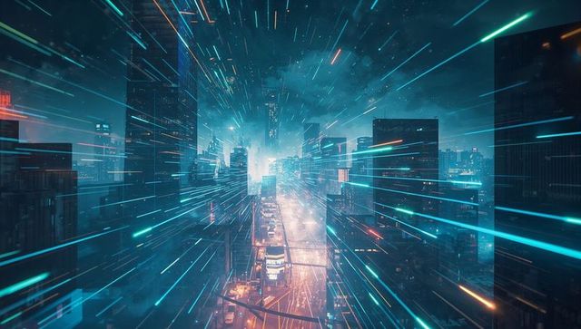 Dynamic Neon Streaks in Futuristic City Skyline