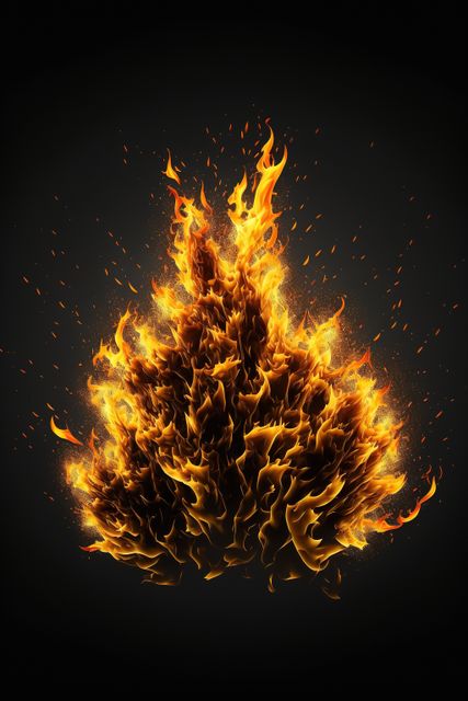 Detailed fire flames and sparks on black background, created using generative ai technology. Fire, heat, moke, pattern and colour concept digitally generated image.