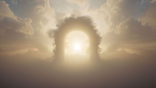 Glowing cloud arch gateway framing bright sunrise, casting halo, sunbeams and mist