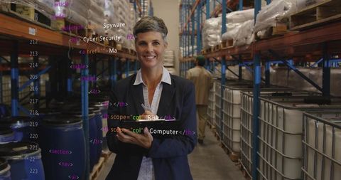 Female warehouse manager supervising logistics with tablet and cybersecurity data overlay