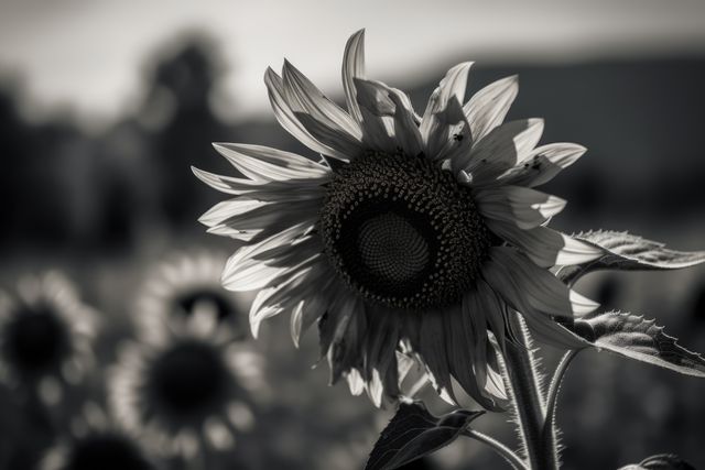 Beautiful black and white sunflower in full bloom standing tall in a field. Useful for nature-inspired designs, agricultural promotions, botanical artwork, and summer-themed projects. Highlights the intricate details and texture of the sunflower.