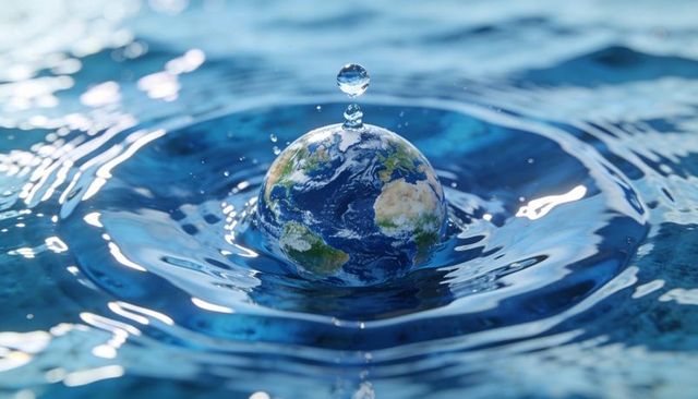 Earth-like globe rising from water with suspended droplet and concentric ripples