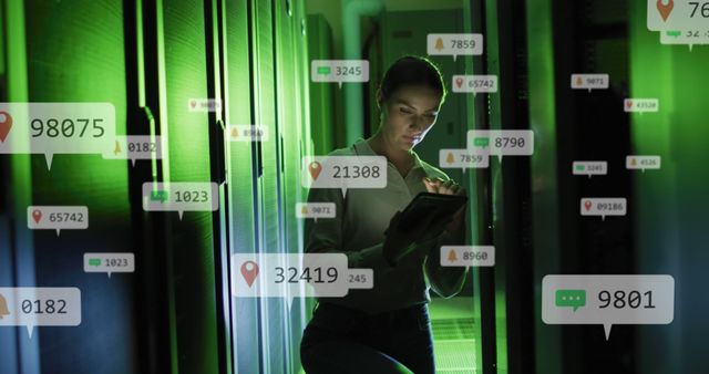 Female IT Specialist in Data Center Surrounded by Data Icons and Numbers - Download Free Stock Images Pikwizard.com